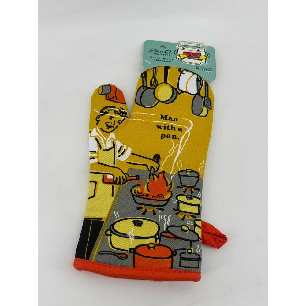 Blue Q Man With A Pan Oven‎ Mitt Retro Yellow 100% Cotton Super Insulated WW128
